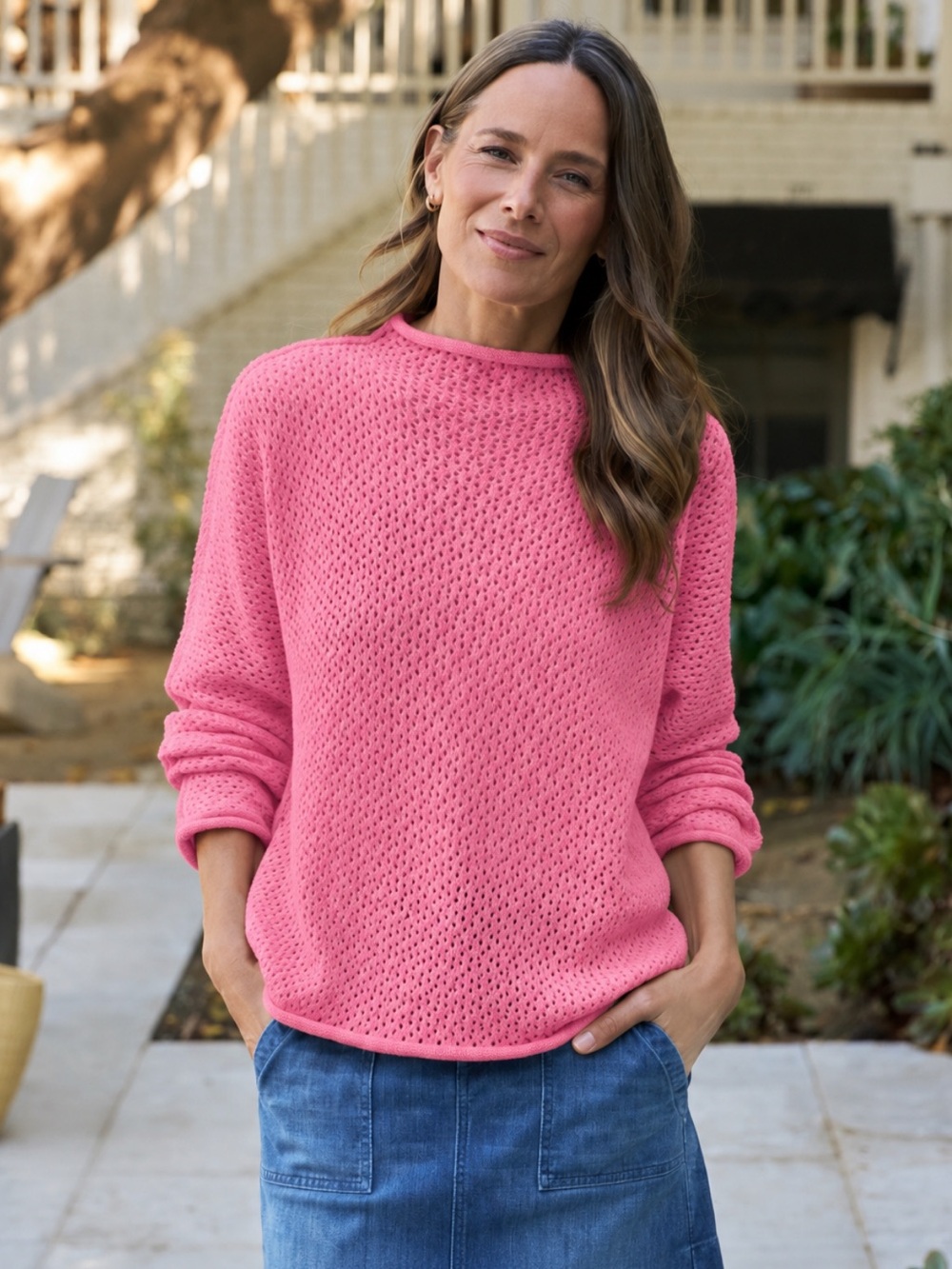 NWT Frank & Eileen Sweater Monterey Pointelle Roll Neck in Dragon Fruit Pink